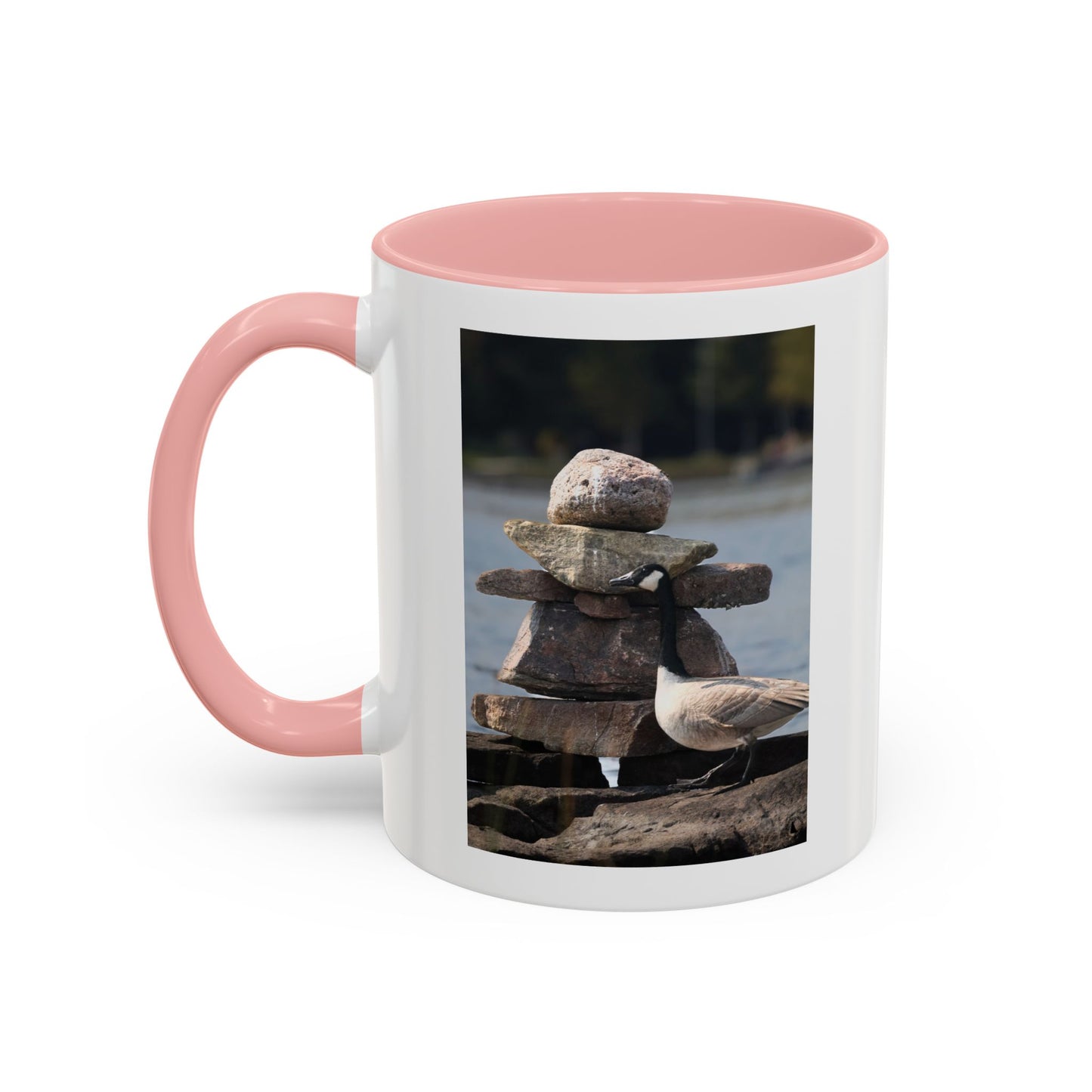 Seaside Rock Cairn Accent Coffee Mug — Coastal Bird & Stacked Stones Photo (11/15oz)