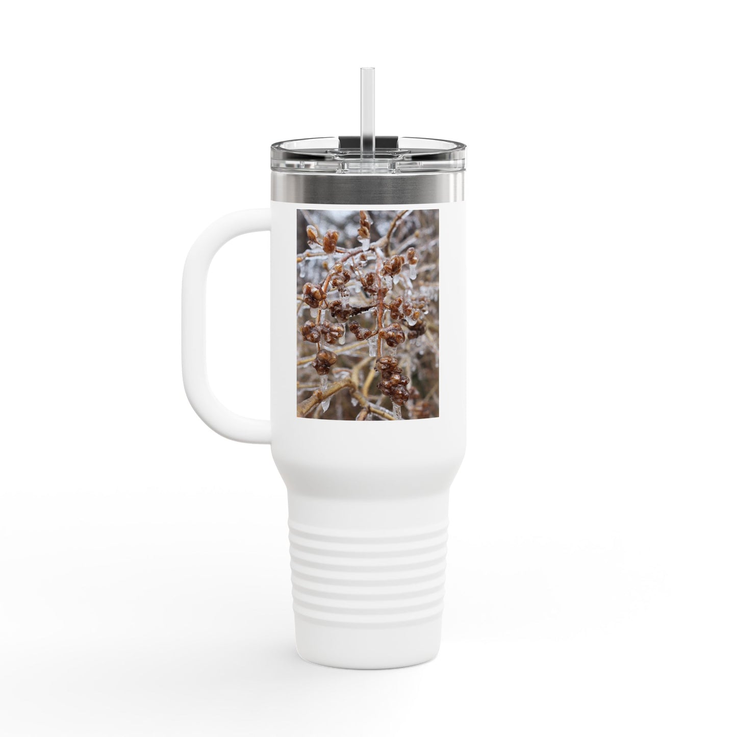 40oz Insulated Travel Mug with Frosted Branch Photo – Large Stainless Steel Tumbler