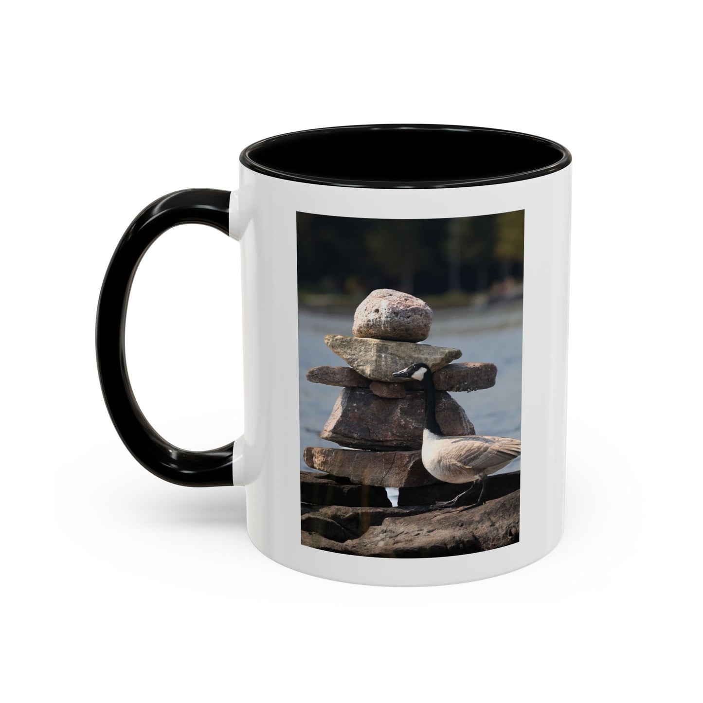 Seaside Rock Cairn Accent Coffee Mug — Coastal Bird & Stacked Stones Photo (11/15oz)
