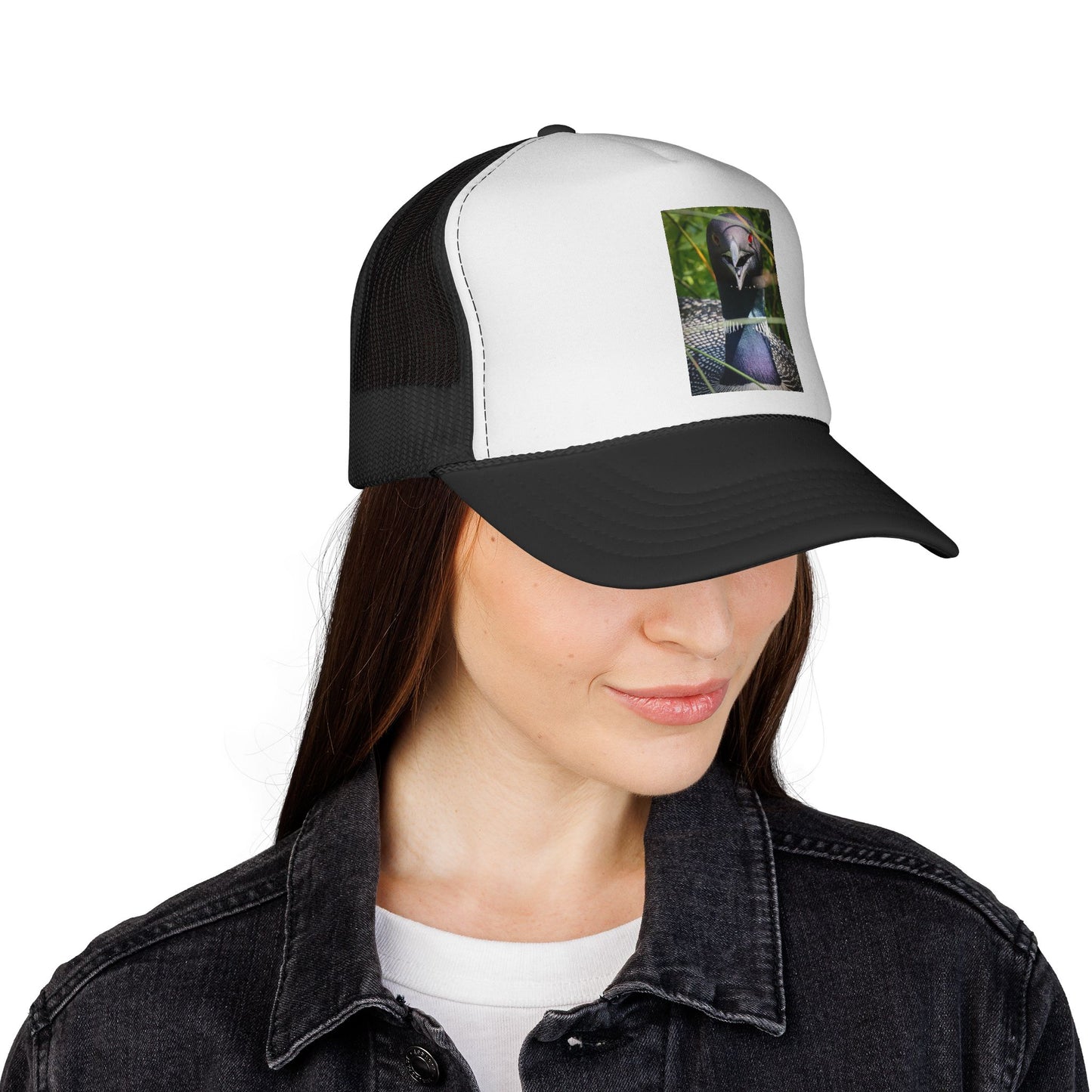 Peacock Portrait Trucker Cap — Colorful Bird Photo Mesh Hat