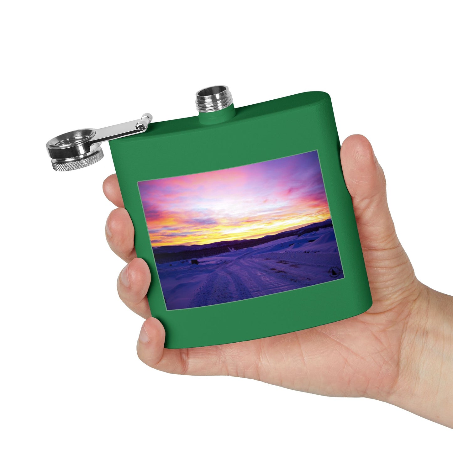 6oz Stainless Steel Flask — Winter Sunset Landscape Photo Flask