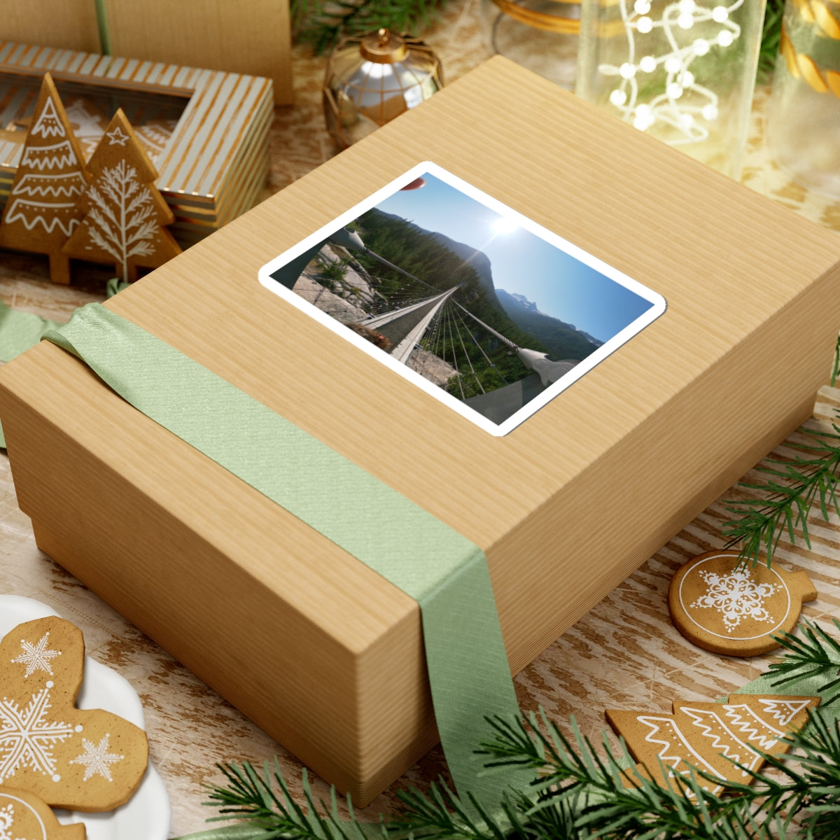 Suspension Bridge Landscape Sticker — Scenic Mountain Hiking Photo Kiss-Cut Sticker