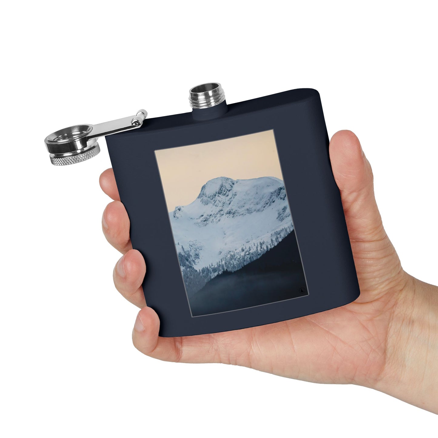 Mountain Peak 6oz Stainless Steel Flask — Snowy Summit Photo Design