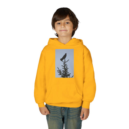 Youth Hoodie with Raven Silhouette on Pine — Cozy Nature Kids Sweatshirt