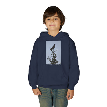 Youth Hoodie with Raven Silhouette on Pine — Cozy Nature Kids Sweatshirt