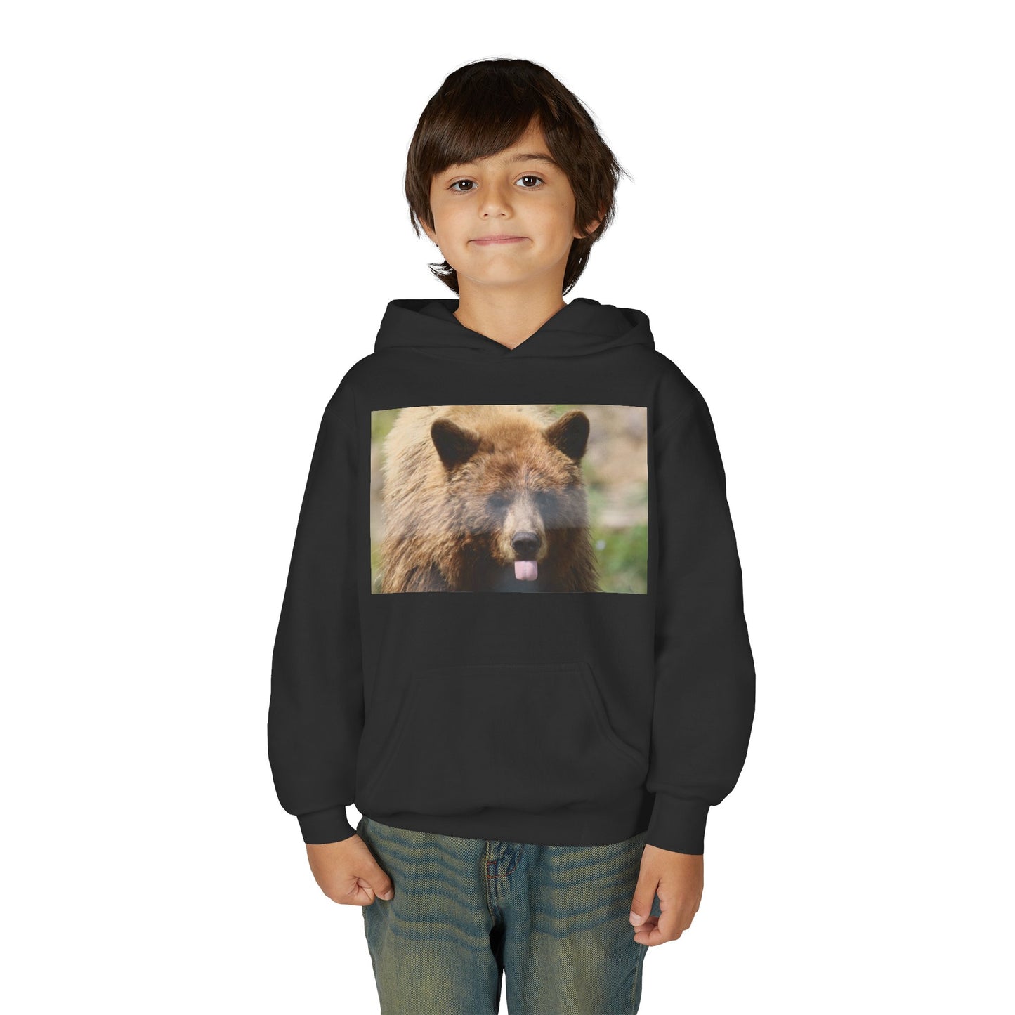 Youth Bear Hoodie — Cute Tongue-Out Bear Photo Kids Pullover