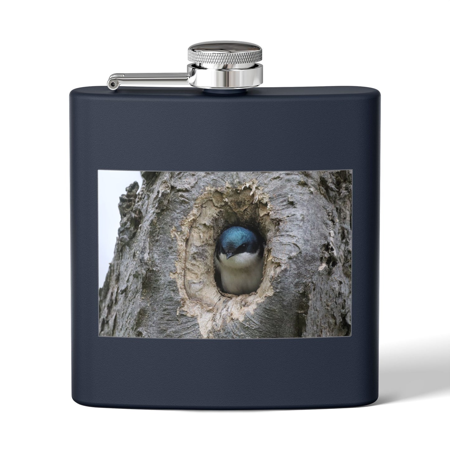 6oz Stainless Steel Flask with Tree Swallow Nest Photo — Nature Lover Gift