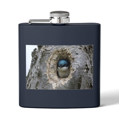 6oz Stainless Steel Flask with Tree Swallow Nest Photo — Nature Lover Gift