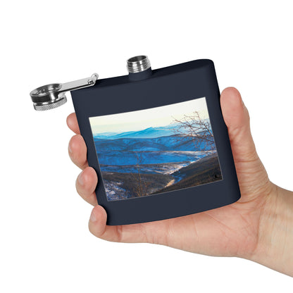 Mountain Vista 6oz Stainless Steel Flask — Scenic Blue Ridge Landscape