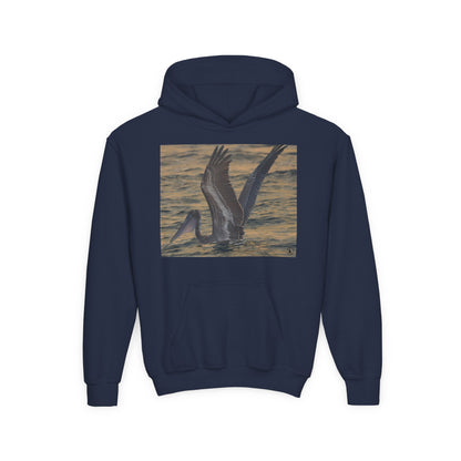 Youth Pelican Sunset Hoodie — Kids Beach Wildlife Pullover