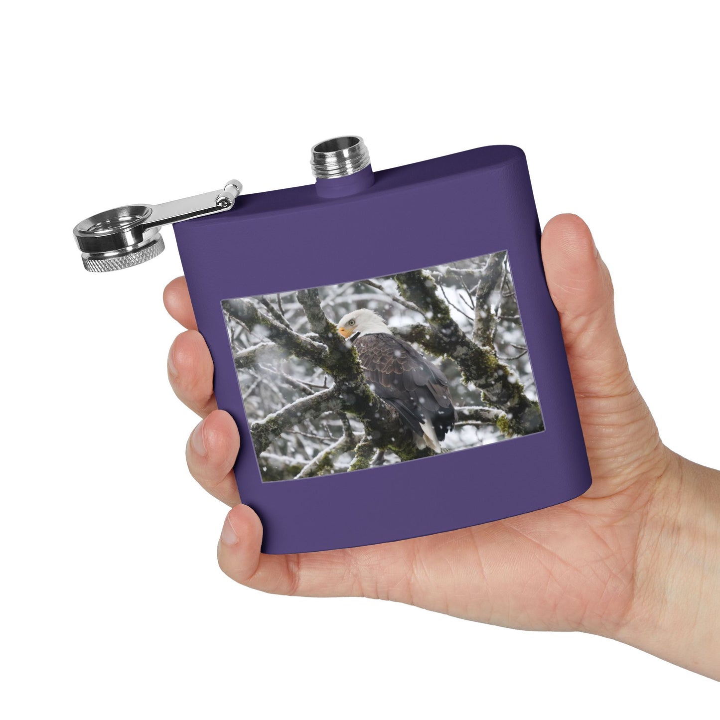 Eagle In Snow 6oz Stainless Steel Hip Flask — Bald Eagle Wildlife Photo Flask, Outdoor Gift for Hunters & Nature Lovers