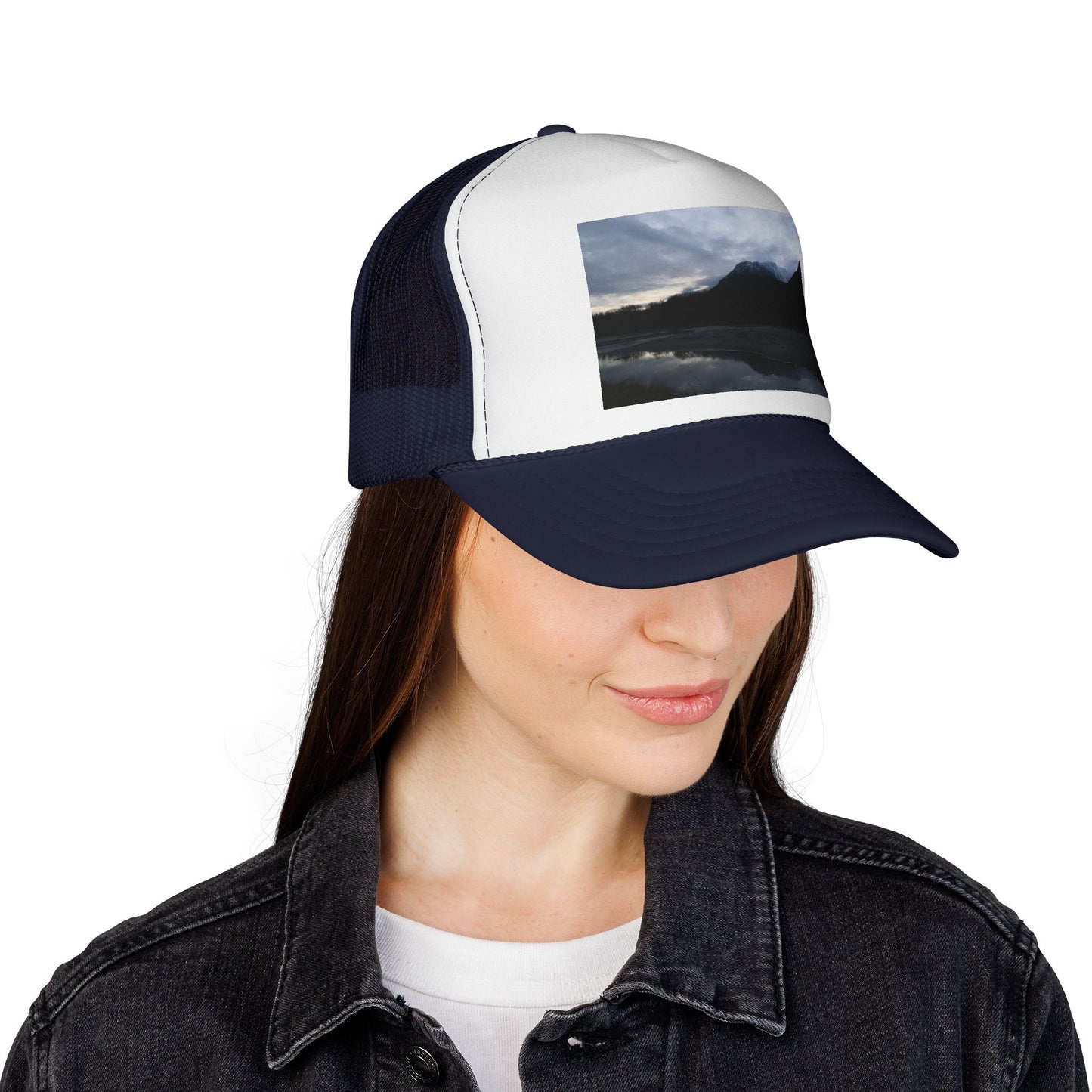 Mountain Lake Trucker Cap — Scenic Nature Photo Mesh Hat