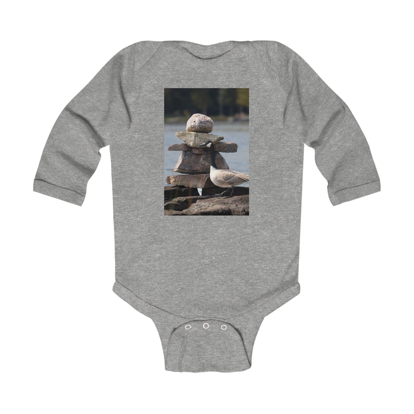 Infant Bodysuit with Stacked Beach Stones & Seagull Photo — Nautical Newborn Gift