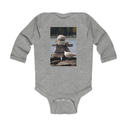 Infant Bodysuit with Stacked Beach Stones & Seagull Photo — Nautical Newborn Gift