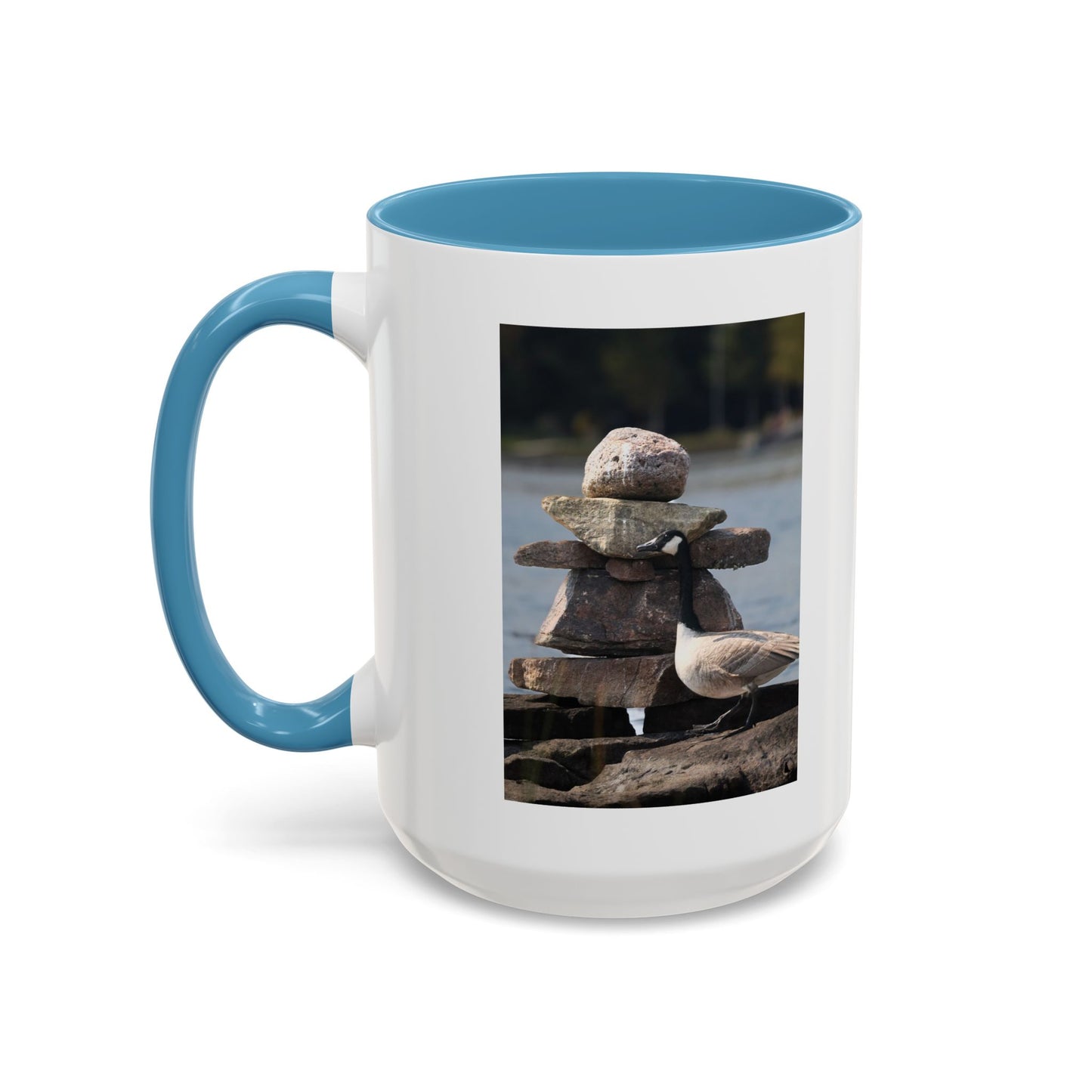 Seaside Rock Cairn Accent Coffee Mug — Coastal Bird & Stacked Stones Photo (11/15oz)