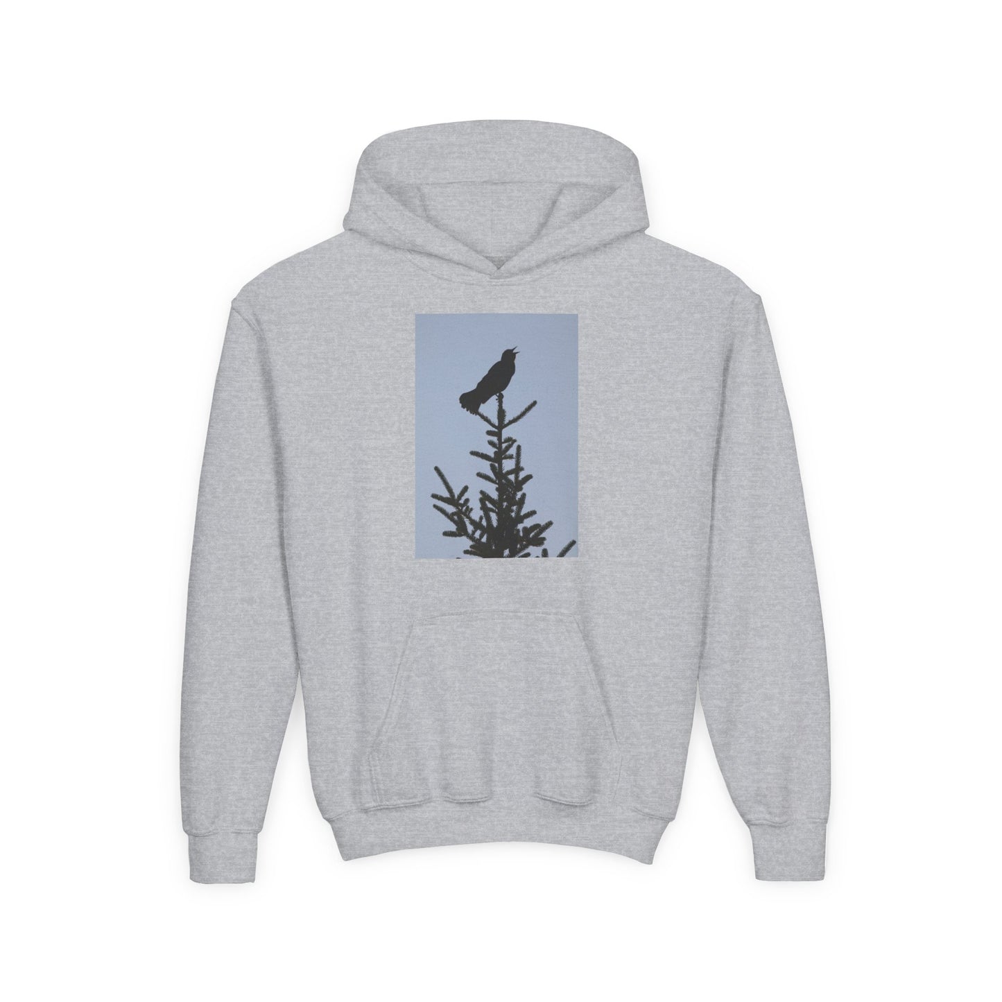 Youth Hoodie with Raven Silhouette on Pine — Cozy Nature Kids Sweatshirt