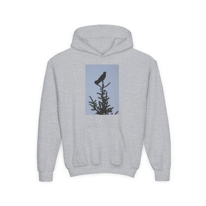 Youth Hoodie with Raven Silhouette on Pine — Cozy Nature Kids Sweatshirt