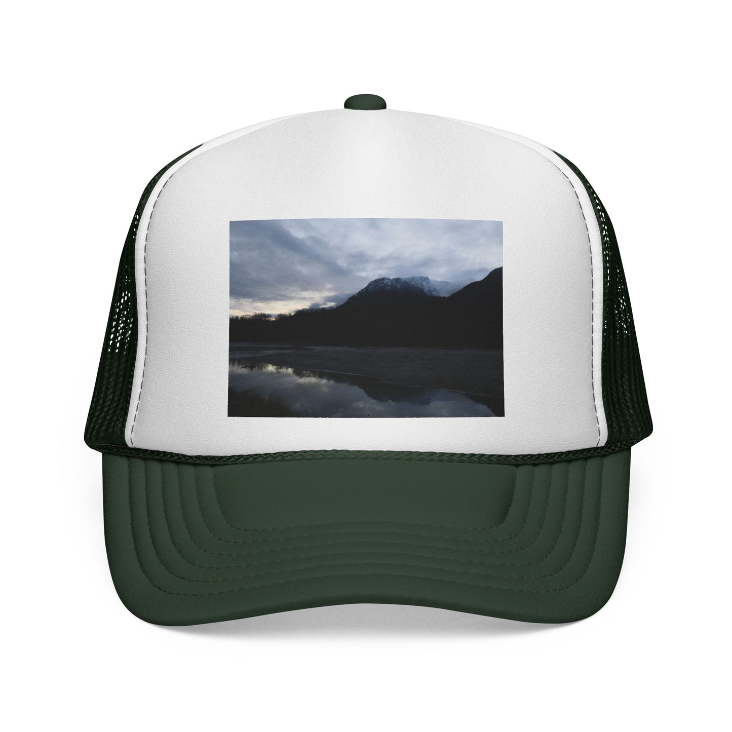 Mountain Lake Trucker Cap — Scenic Nature Photo Mesh Hat