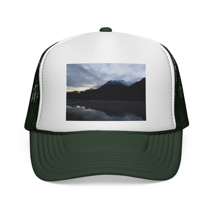 Mountain Lake Trucker Cap — Scenic Nature Photo Mesh Hat