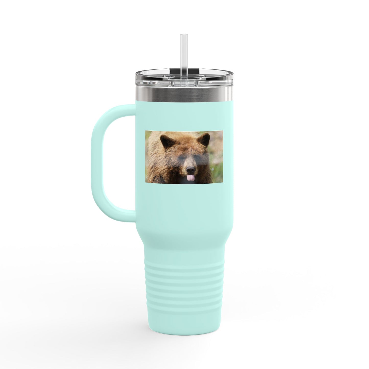 40oz Insulated Travel Mug — Photoreal Bear Photo, Stainless Steel Tumbler with Straw & Handle