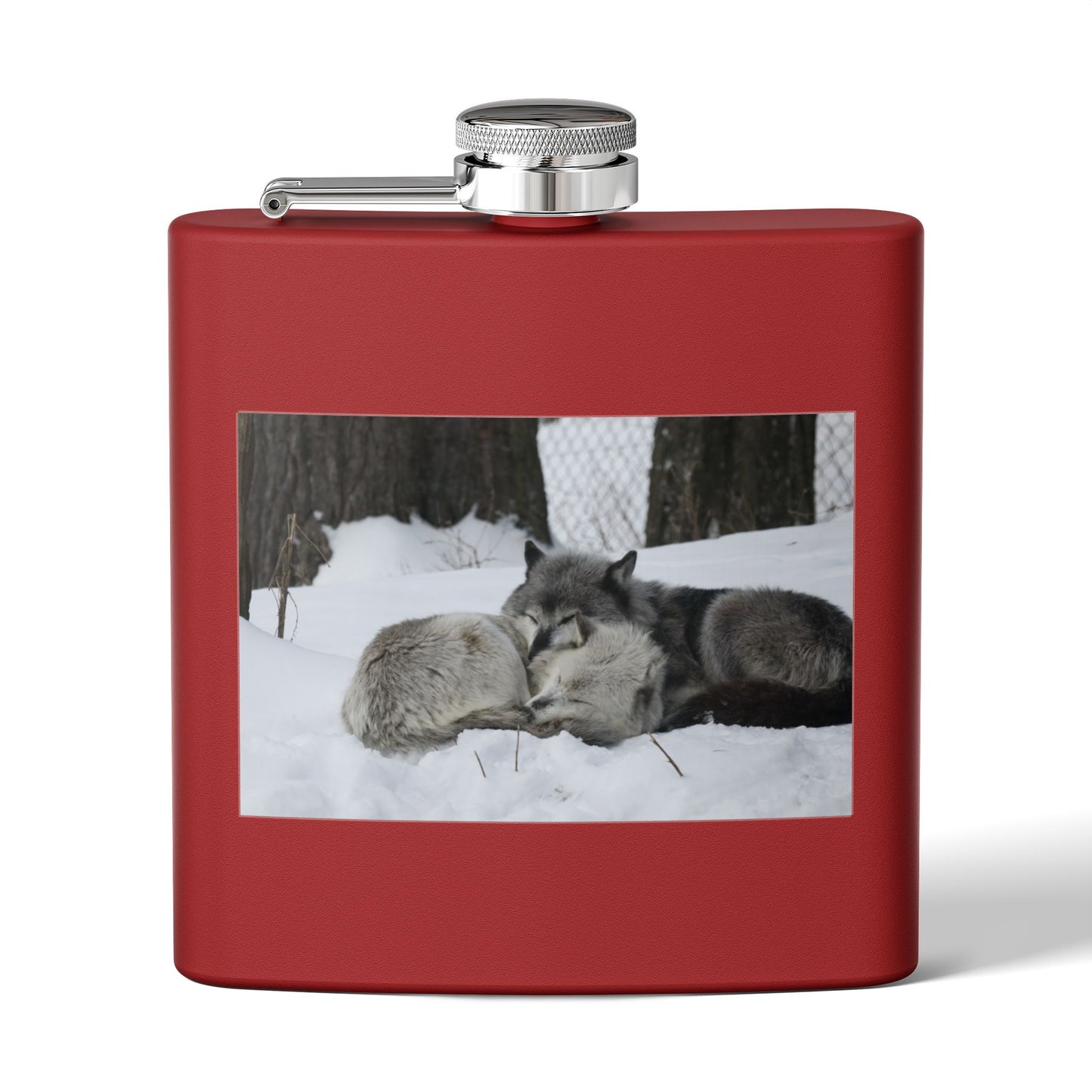 Wolf Pair Photo Stainless Steel Flask — 6oz Winter Wildlife Hip Flask