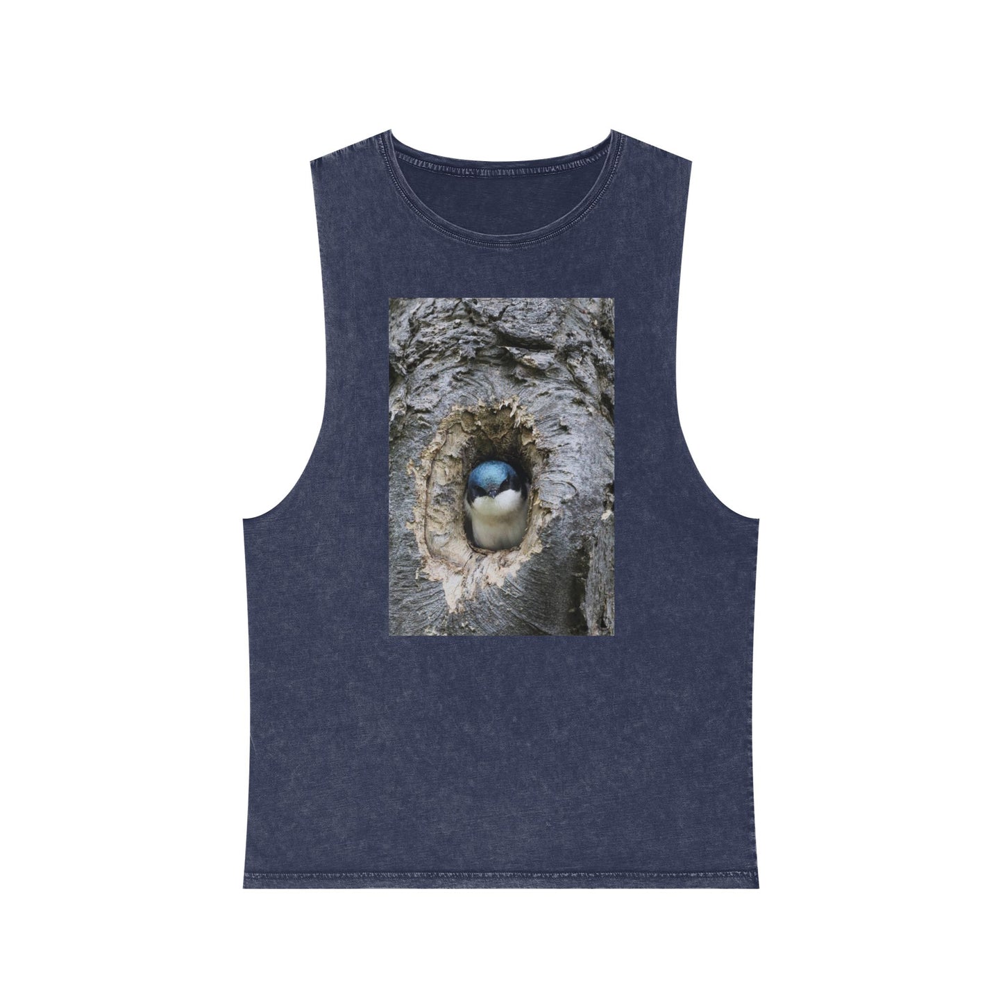 Bird Nest Photo Tank Top — Stonewash Sleeveless Tee with Chick in Hollow Tree
