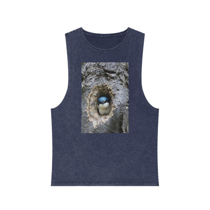 Bird Nest Photo Tank Top — Stonewash Sleeveless Tee with Chick in Hollow Tree