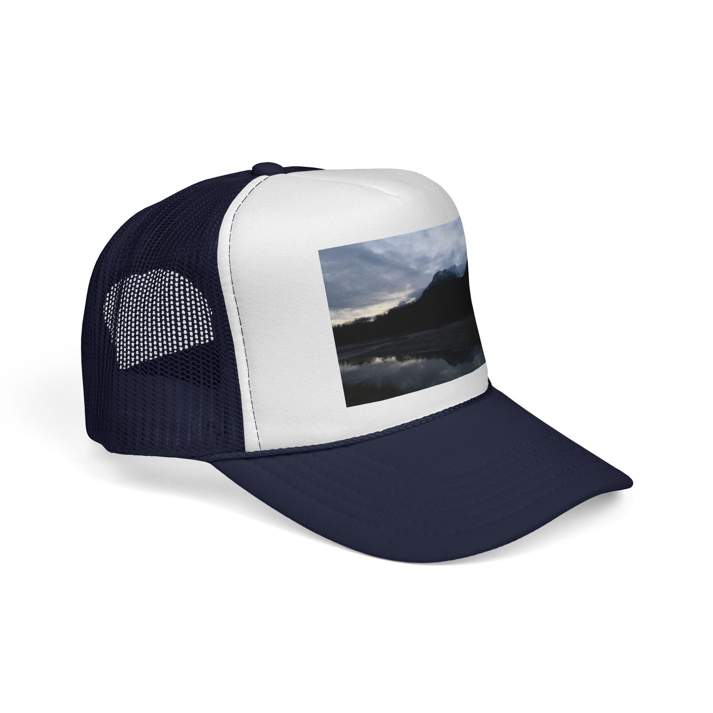 Mountain Lake Trucker Cap — Scenic Nature Photo Mesh Hat
