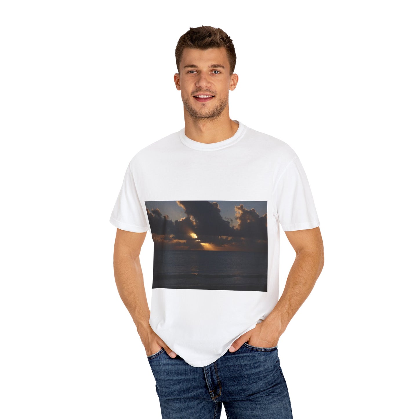 Dawn's Luminous Horizon: Seascape Sunrise, Coastal Cloudscape Panoramaphotography shirts