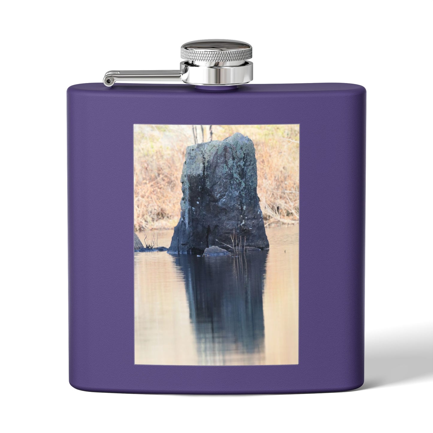 6oz Stainless Steel Flask with Tranquil Lake Rock Photo – Portable Outdoor Hip Flask
