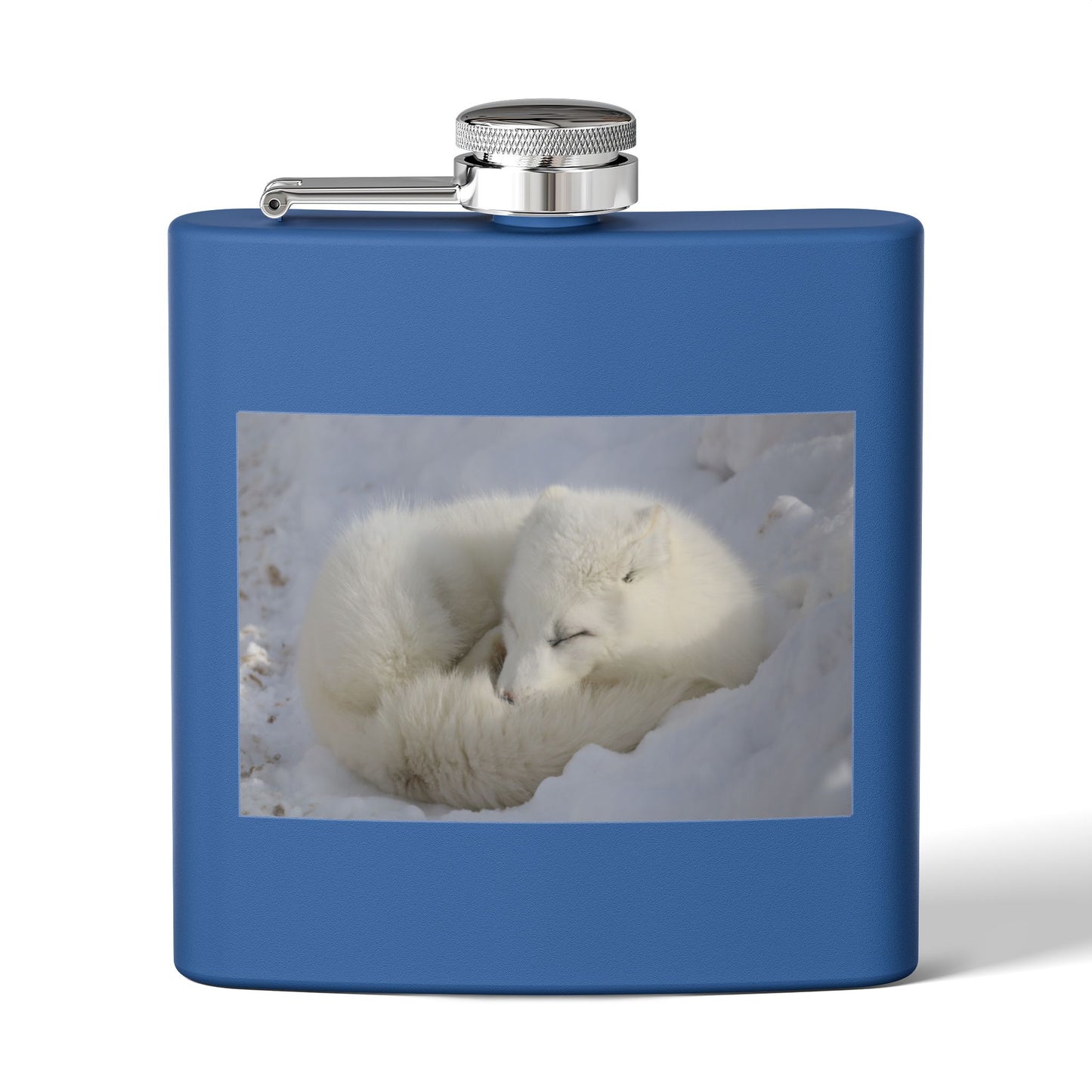 White Arctic Fox Flask — 6oz Stainless Steel Hip Flask with Sleeping Fox Photo