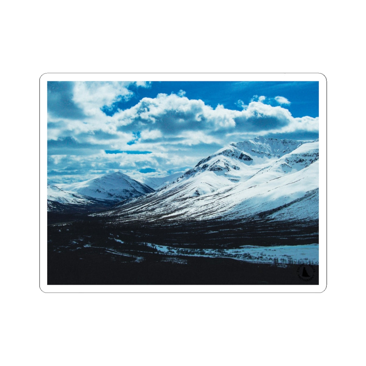 Snowy Mountain Landscape Kiss-Cut Sticker — Arctic Scenery Laptop Decal