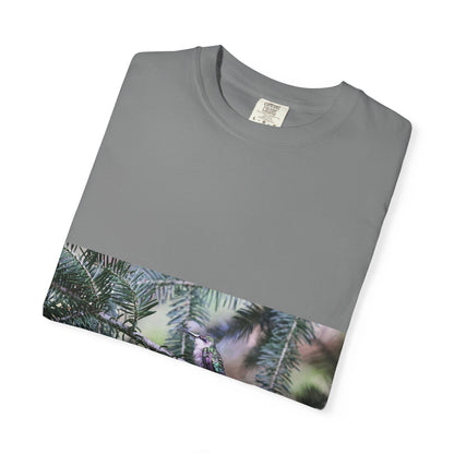 Emerald Wings: Hummingbird in Conifer Haven, Wildlife Macro Photographyphotography shirts
