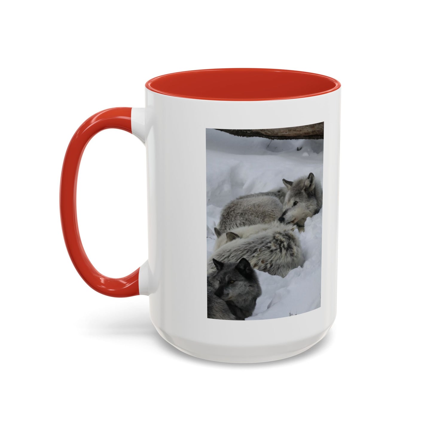Wolf Pack Coffee Mug – Accent Black Handle 11/15oz, Winter Wildlife Photo