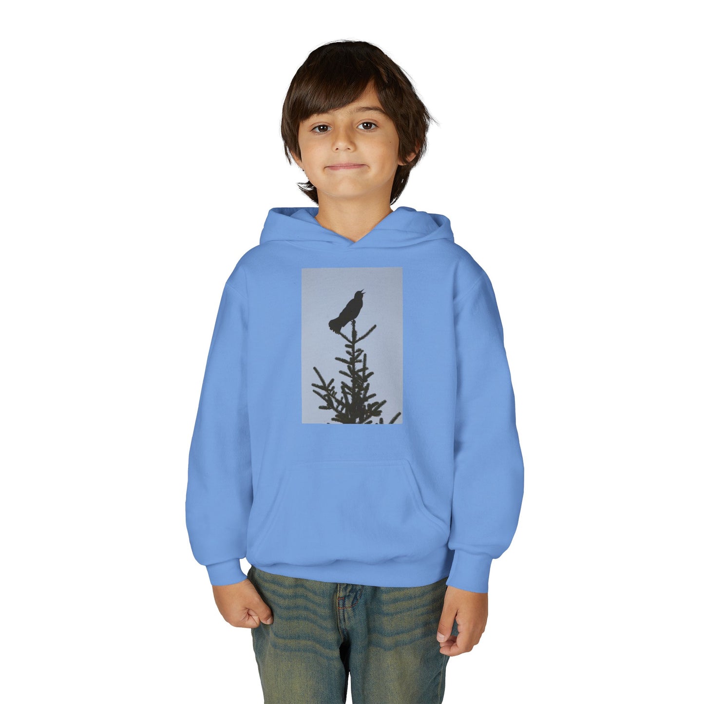 Youth Hoodie with Raven Silhouette on Pine — Cozy Nature Kids Sweatshirt