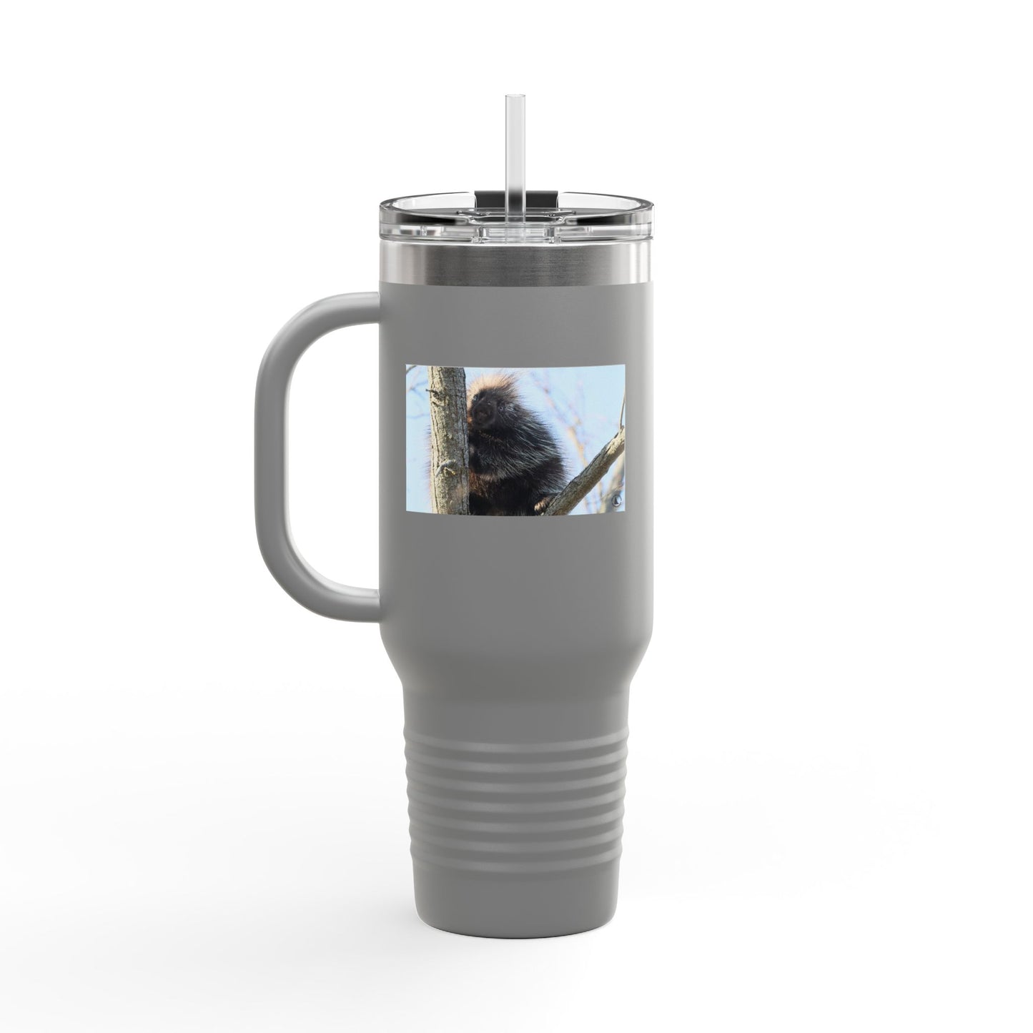 40oz Insulated Travel Mug with Cozy Raccoon Photo — Large Stainless Steel Tumbler for Road Trips & Outdoor Lovers