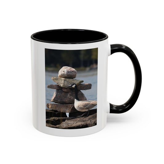 Seaside Rock Cairn Accent Coffee Mug — Coastal Bird & Stacked Stones Photo (11/15oz)