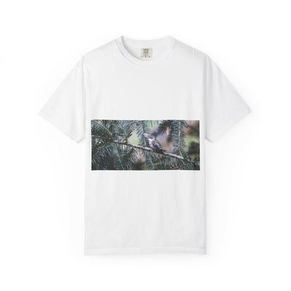 Emerald Wings: Hummingbird in Conifer Haven, Wildlife Macro Photographyphotography shirts