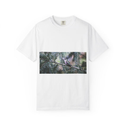Emerald Wings: Hummingbird in Conifer Haven, Wildlife Macro Photographyphotography shirts
