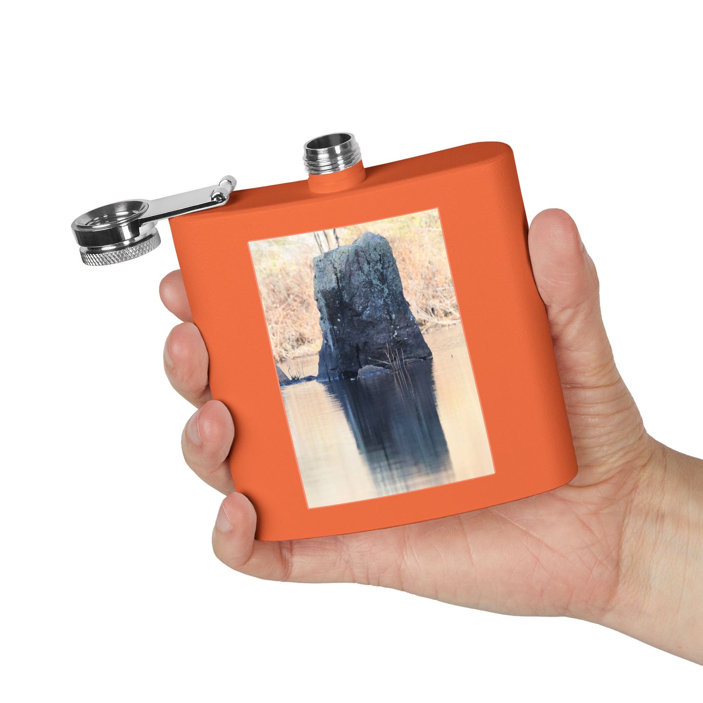 6oz Stainless Steel Flask with Tranquil Lake Rock Photo – Portable Outdoor Hip Flask