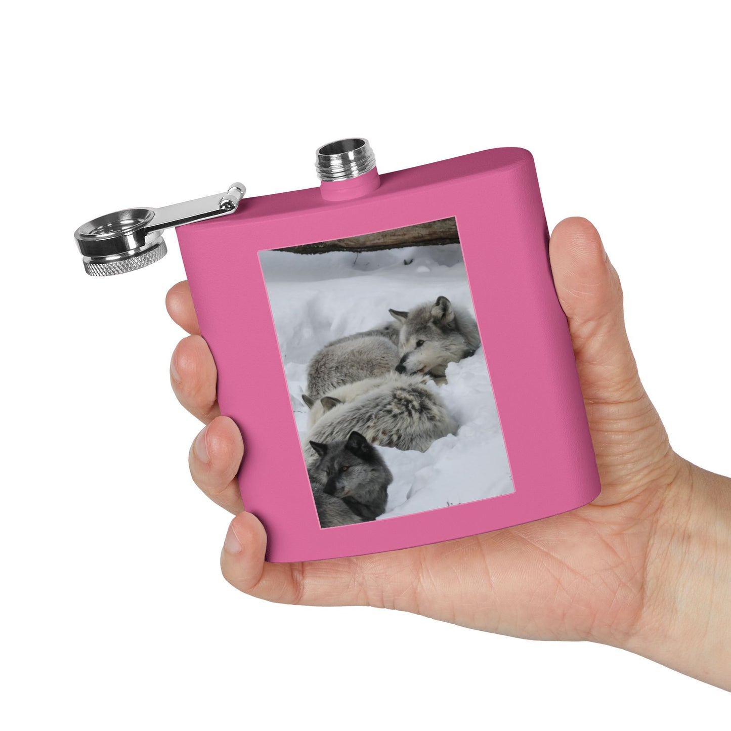 Wolf Pack Stainless Steel Flask – 6oz Snow Wolves Hip Flask