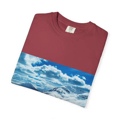 Alpine Majesty: Winter Mountain Panorama, Pristine Snow-Capped Peaks, Wilderness Landscapephotography shirts