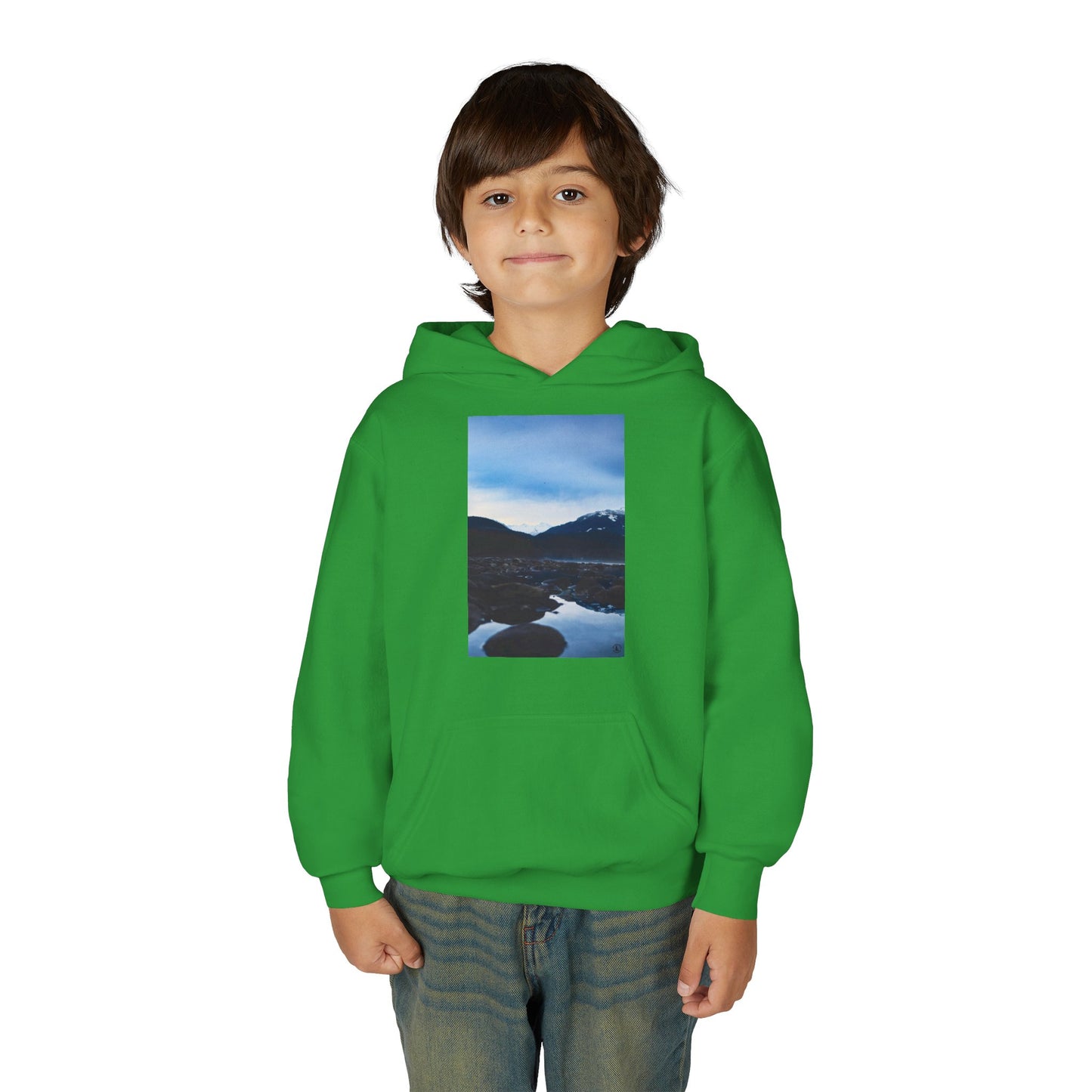 Youth Hoodie with Mountain Lake Photo Print — Nature Landscape Pullover
