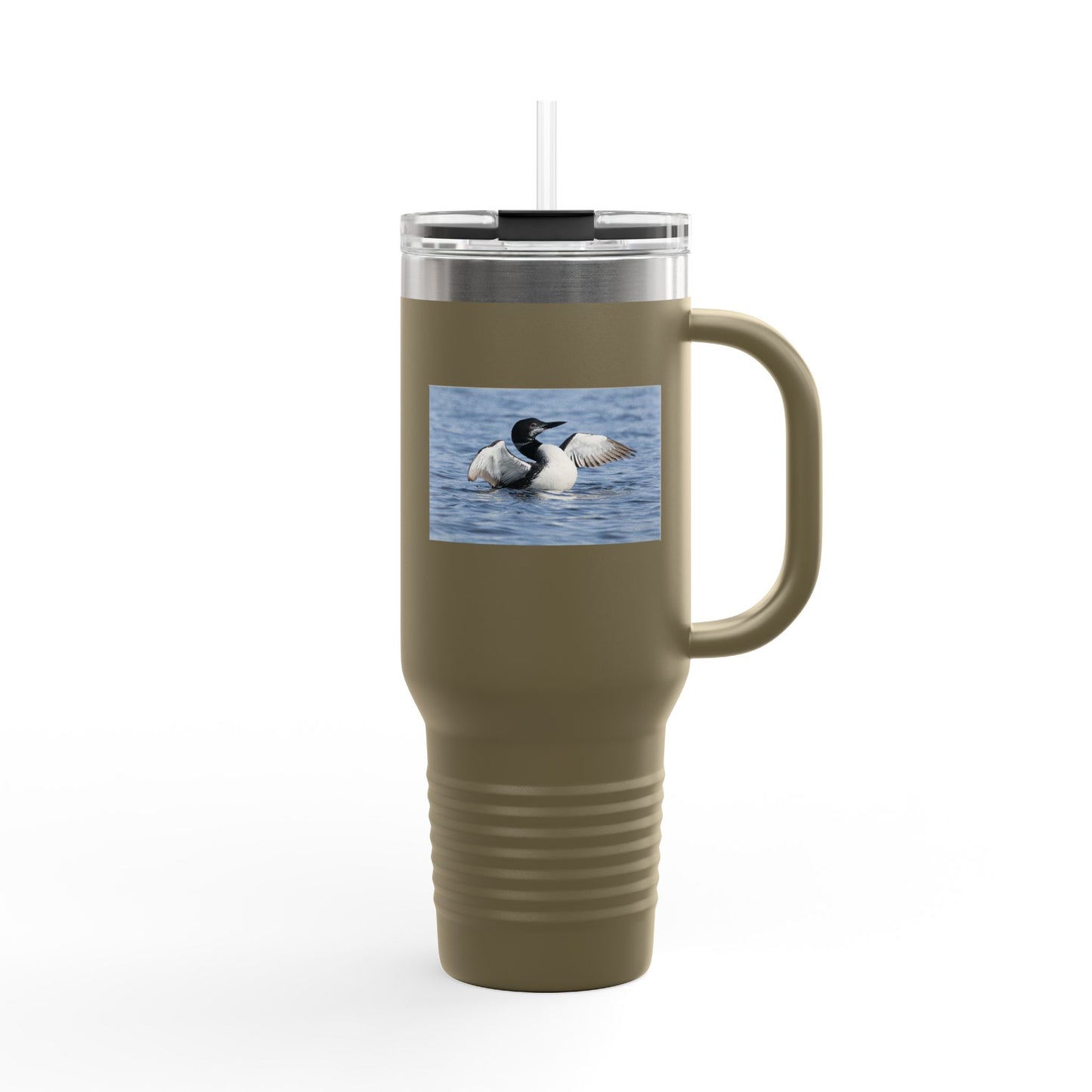 40oz Insulated Travel Mug with Loon Photo – Large Handle, Cold/Hot Beverage Tumbler