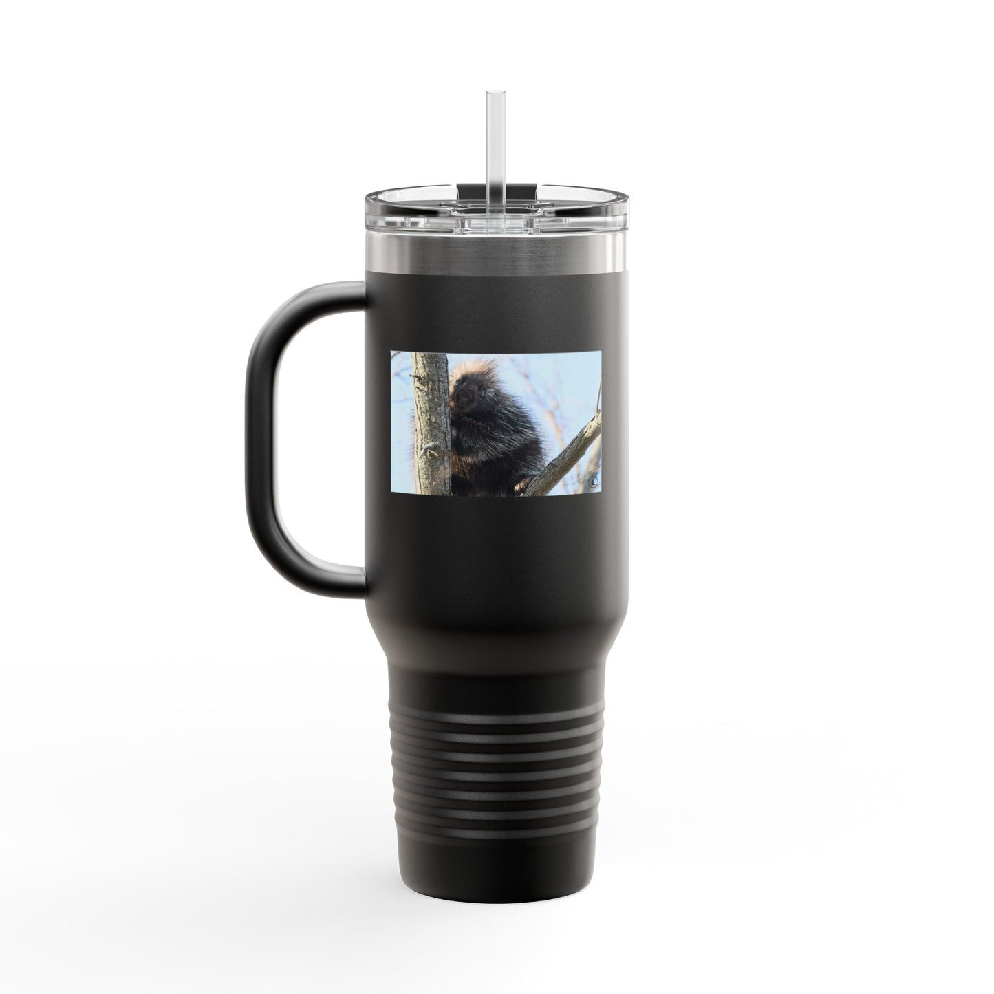 40oz Insulated Travel Mug with Cozy Raccoon Photo — Large Stainless Steel Tumbler for Road Trips & Outdoor Lovers