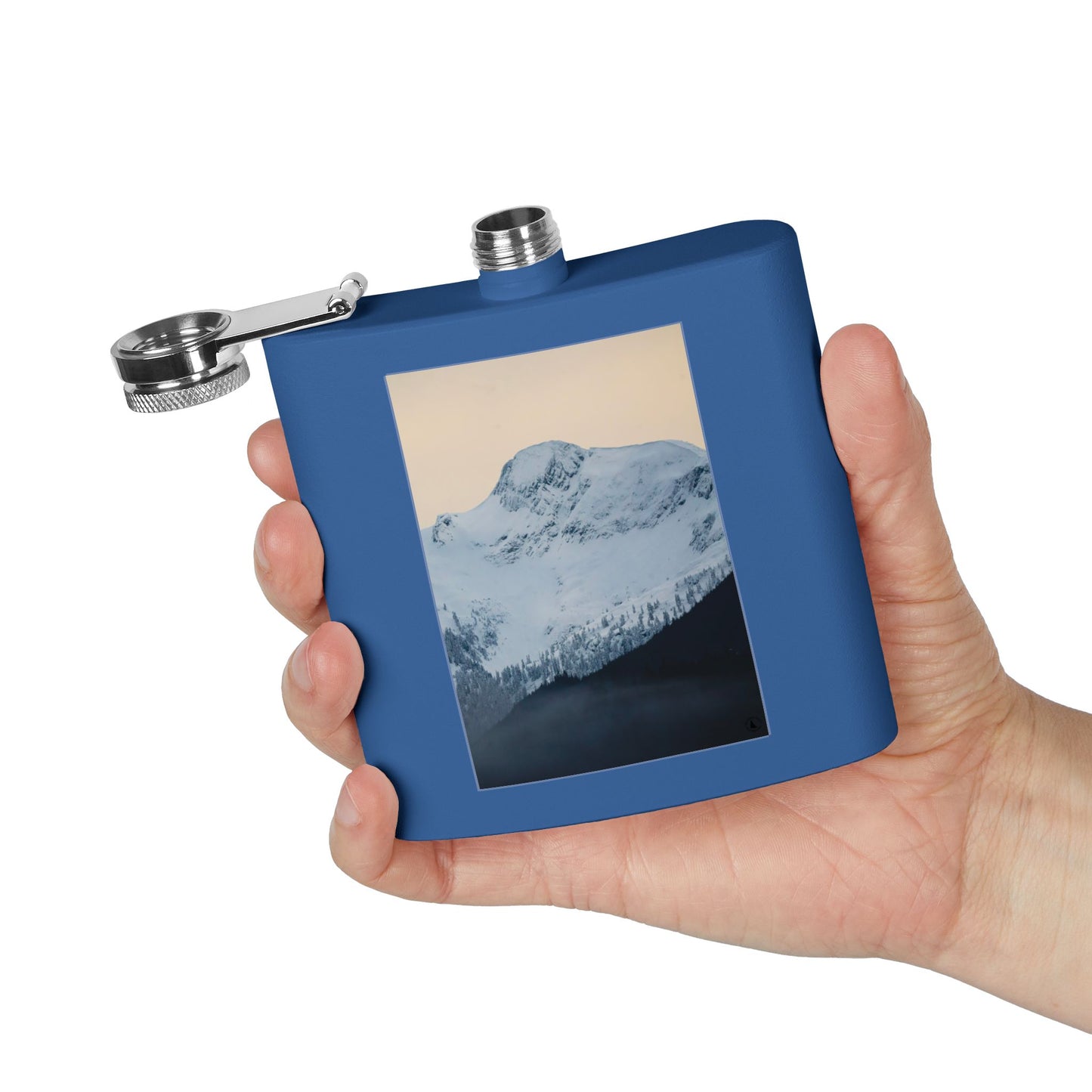 Mountain Peak 6oz Stainless Steel Flask — Snowy Summit Photo Design