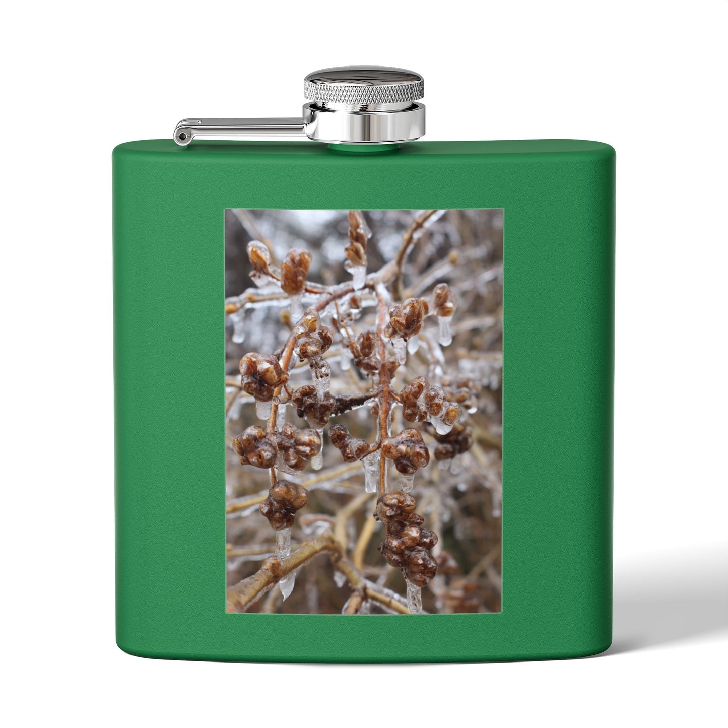 6oz Stainless Steel Flask with Frosted Berries Photo — Winter Nature Pocket Flask