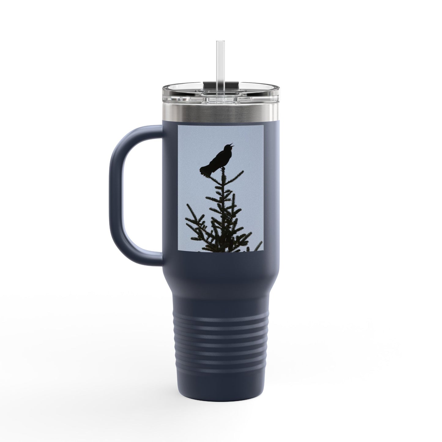 40oz Insulated Travel Mug — Raven Silhouette on Pine (Outdoor Nature Tumbler)