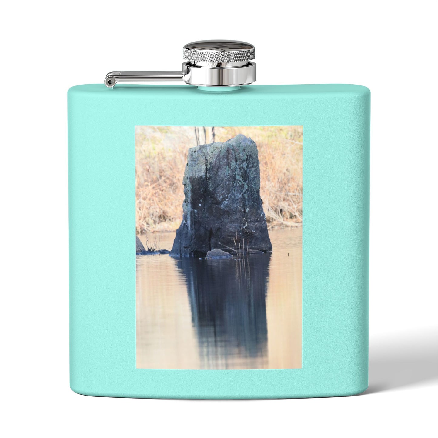 6oz Stainless Steel Flask with Tranquil Lake Rock Photo – Portable Outdoor Hip Flask