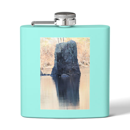 6oz Stainless Steel Flask with Tranquil Lake Rock Photo – Portable Outdoor Hip Flask